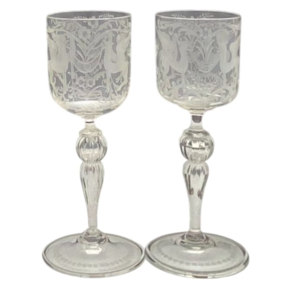 Edwardian Venetian Hand Blown-Engraved Griffin Cordial Glasses